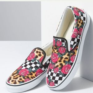 Vans slip on roses, animal print, and checkered